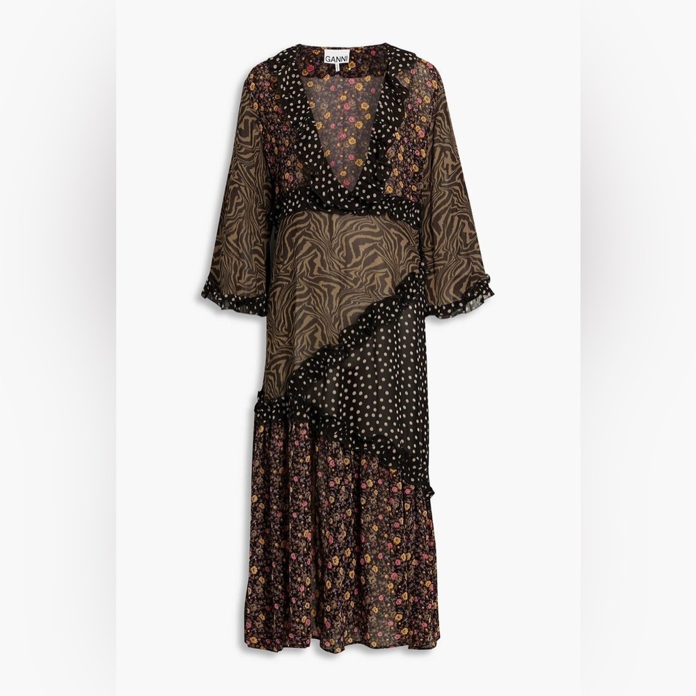 Ganni Patchwork effect printed chiffon midi dress